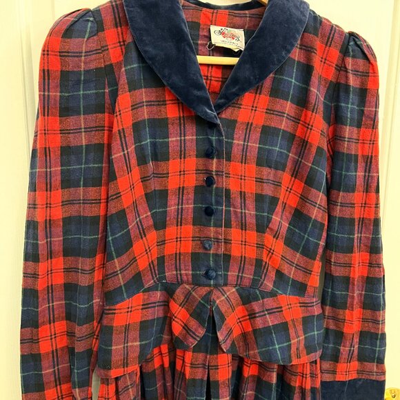 Vintage Lanz Originals 80s Red Plaid Velvet Trim Peplum Tartan Dress Sz XS - Picture 13 of 15